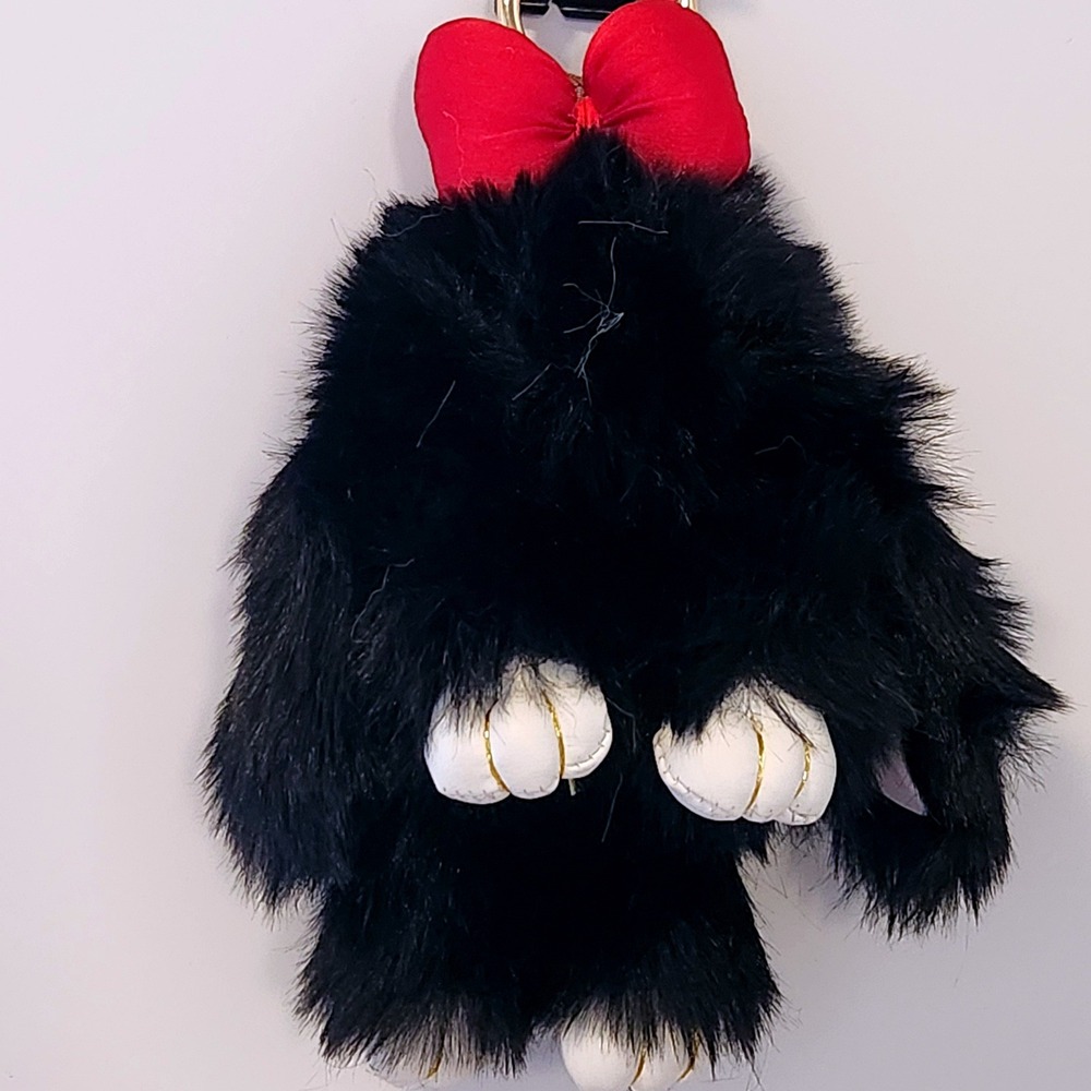 Black Faux Fur Bunny Keychain Plush Bag Charm with Red Bow and White Paws 5.0"